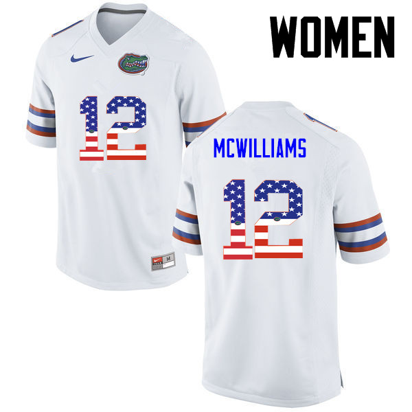 Women Florida Gators #12 C.J. McWilliams College Football USA Flag Fashion Jerseys-White - Click Image to Close